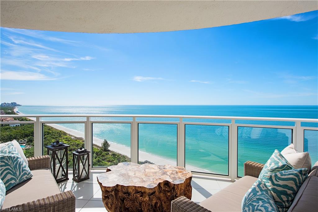 C.15203 - Feel like you’re on a luxury cruise right in your own home! This 17th floor LUXE Re-Mastered BEACHFRONT JEWEL offers a “Penthouse-Level” of classy interior naturally burnished finishes and appointments. Enjoy exquisite panoramic sunrise-to-sunset views from your generous SW glass-railed Gulf front open lanai, a lavish open chef’s dream kitchen, plus a dreamy Gulf Front Master Retreat touting private Gulf vistas, sumptuous master bath and his and her custom walk-in closets. The en-suite guest bedroom and den/family room both enjoy sharing a sunrise Easterly screened lanai with yet more pristine and dramatic views. This brilliant GEM is seldom found! Enjoy the prestige of a World Class menu of both Bay Colony and Pelican Bay included membership privileges: 3 private Beachfront Dining Clubs located on 2½ miles of pristine sugar white sandy beach, attended Beachfront services, 3 active Tennis Clubs, miles of nature walking and bike paths, state-of-the-art Fitness, and Community Lifelong Learning and Wellness Center. Artis Center for Performing Arts, Mercato, and Waterside Shops all just steps away.