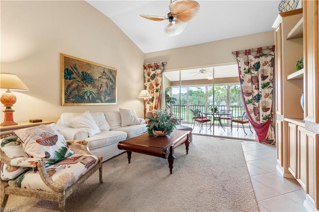 INCLUDES GOLF MEMBERSHIP! Beautiful 2 BR + Den 2 Bath End Unit with view of the 10th green, lake & lighted water feature. Master bath w/double sinks, king bed, queen guest BR & bath, Den with sleeper sofa, wall unit & desk. Laundry room, designer furnishings & window treatments, high-speed internet, glass & screen enclosed lanai. Covered parking, storage room & extra guest parking, community pool, bike rack & grilling area. Stonebridge is an amenity rich community, guarded 24h, newly renovated 18-hole golf course, driving range, pitching & putting areas, 5 Hard-Tru tennis courts, fitness center & pool. 33,000 sq ft updated clubhouse that includes a Grill Room, Dining Room, Terrace, Lakeside Bistro, fire pit, golf shop & locker rooms. Social events, clubs, trips, outings & tournaments at this lively community. Convenient entrances on Airport Pulling & Immokolee Roads. Nearby Mercado shops & restaurants, movie theater, Whole Foods & Trader Joe's. 20 min to the airport or lively 5th Ave, Artis Philharmonic, Baker Museum & Art galleries.