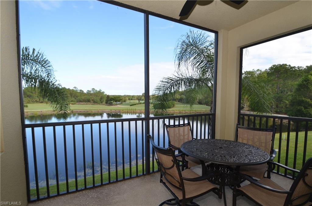 AVAILABLE FOR SEASON 2027... MULTIPLE MONTHS PREFERRED. WILL BE NEWLY RENOVATED OVER SUMMER 2026.... LOW FEES FOR BUNDLED GOLF in one of North Naples hottest golf course communities! This lovely 2 Bedroom, 2 Bath second floor condominium is METICULOUSLY MAINTAINED, well-appointed and beautifully furnished & accessorized offering all the comforts of home. King Bed in BOTH the Master AND in the Guest bedroom, condo upgrades include tile floors in all main living areas, vinyl flooring in both bedrooms, Corian Counter tops, wood finish cabinetry, stainless steel appliances, 2 flat screen televisions with cable and Wi-Fi. The lanai offers a private, unobstructed tranquil view of both the lake and preserves. Covered parking and separate storage room containing beach chairs, umbrella, and cooler for your use. In addition to bundled golf, Heritage Bay also offers many amenities including on site restaurant, tennis, community pool and spa, clubhouse, pro-shop and much more! May & November $4,000/mo.