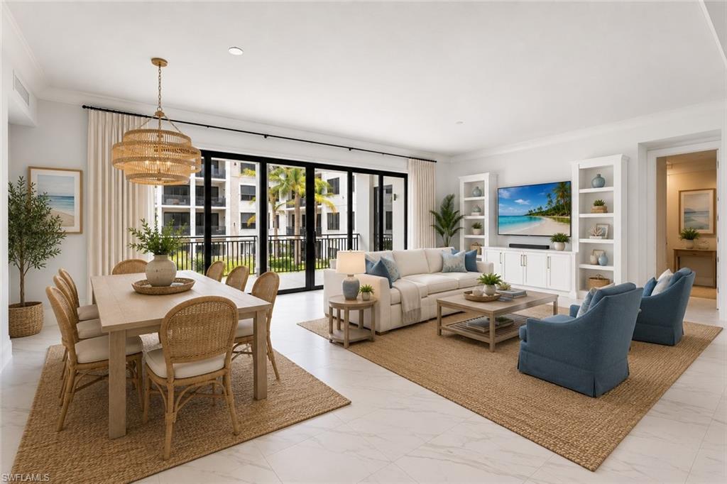 One or more photo(s) has been virtually staged, AI generated or rendered.  Experience elevated coastal living in this bright, sun-filled residence in the highly sought-after Naples Square III. Beautifully maintained and thoughtfully upgraded, this exceptional home offers 2 bedrooms, 2 full bathrooms, a powder room, and a versatile den, blending timeless elegance with everyday comfort.

Beautiful white tile flooring flows seamlessly throughout the living areas and bedrooms, creating a clean, sophisticated aesthetic. Thoughtfully selected upgrades include custom backsplash, built-in cabinetry in the den and great room, designer lighting, and motorized shades, adding both style and convenience.

The gourmet kitchen is designed to impress, featuring upgraded white cabinetry, an electric cooktop (which can easily be converted to gas), a vent hood, and in-wall double ovens—ideal for both everyday living and entertaining.

One of the home's standout features is the expansive west-facing lanai overlooking Naples Square III's beautifully landscaped courtyard. Enjoy abundant afternoon sunshine, spectacular Naples sunsets, and a peaceful outdoor living space that's perfect for morning coffee, evening cocktails, or dining al fresco.

Residents of Naples Square III enjoy exceptional resort-style amenities, including a sun-filled courtyard with a resort-style pool and spa, fire pit lounge, grilling and outdoor dining areas, a covered bar, a state-of-the-art fitness center, and an elegant Club Room for social gatherings.

Ideally located in the heart of the Naples Design District, this premier residence is just steps from Gulfshore Playhouse, Baker Park, and the renowned shopping and dining of 5th Avenue South, while Naples' beautiful Gulf beaches are just minutes away.