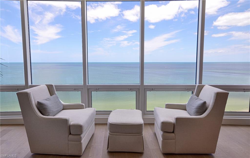 Direct Gulf of Mexico views are featured from this three bedroom plus den 10th floor Moraya Bay condo.  The living room boasts floor to ceiling glass offering unparalleled Gulf views and features wide plank, white oak flooring, electric window shades, custom ceiling treatments and millwork. The gourmet kitchen of this exquisite condo offers custom shaker style cabinetry, a live edge wood bar top, double ovens, large microwave, warming drawer, 48” refrigerator and a gas cooktop. The kitchen also includes a butler’s style pantry with a second large refrigerator, wine cooler, ice maker, a second dishwasher and laundry service. Additionally, the master bedroom offers floor to ceiling glass and electric shades. The master bathtub overlooks gulf views and includes a large walk-in shower, his/her vanities and large closet with custom cabinetry and shelving. Other rooms include two large en suites that allow ample space for guests and an office located just off the living room. Moraya Bay is amenity rich with features such as two swimming pools, large gym, restaurant, conference room and more.