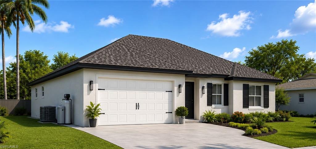 Move-in ready 3-bedroom, 2-bath home plus den, offering 1,604 sq ft of living space (2,158 sq ft total) in Lehigh Acres. The gourmet kitchen features off-white cabinetry, a large waterfall-edge island with sink, full-height backsplash, stainless steel appliances, and black pendant lighting. A cathedral ceiling highlights the living room, while flat ceilings continue throughout the remaining living areas. The primary suite includes dual individual closets. Additional interior finishes include 32"x32" polished Calacatta-style porcelain tile flooring throughout, black faucets, gray bathroom vanities with white countertops, white ceiling fans in the bedrooms and den, and black ceiling fans in the living room and lanai. The laundry room includes overhead cabinet storage. Impact-resistant windows and doors provide added durability. A two-car garage completes the home.