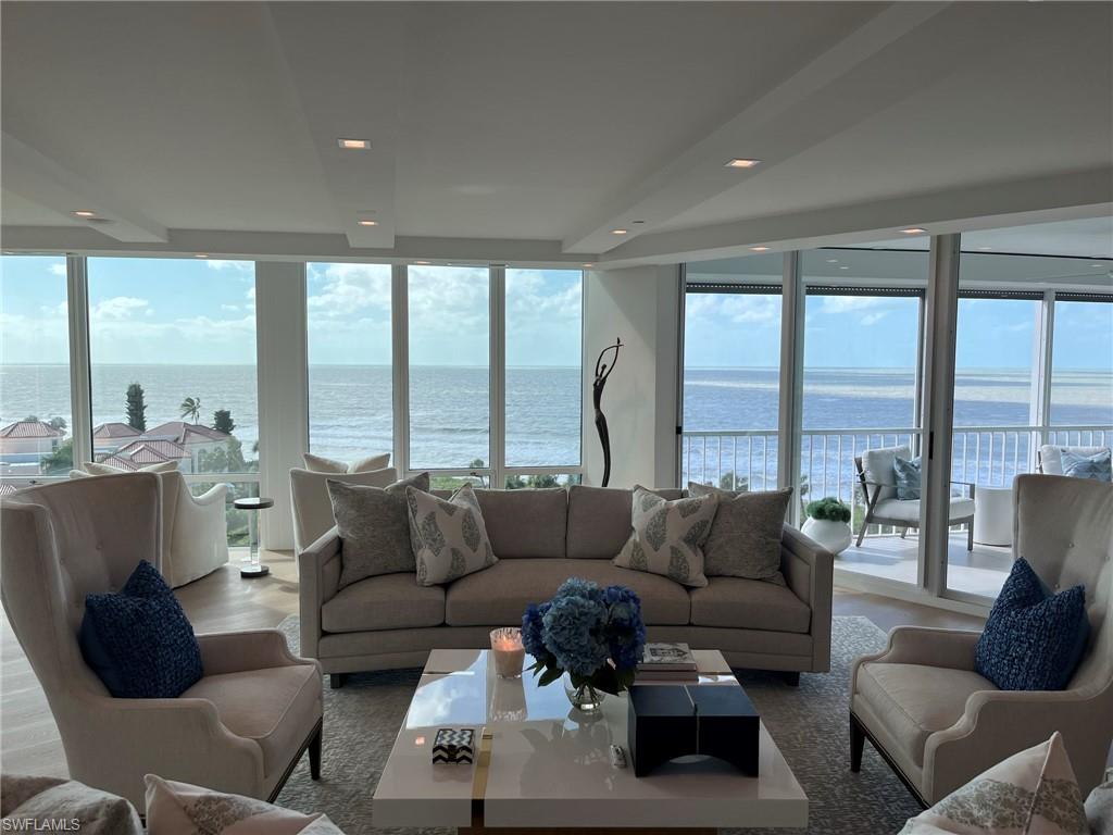 Wide, unobstructed vistas of the Gulf welcome you as you enter this timeless and beautifully renovated residence. The expansive open floor plan with floor to ceiling windows provides a perfect back drop for small or large scale entertaining.  Any chef would be delighted with the gourmet kitchen featuring a quartzite waterfall island with wine and beverage refrigerators, high end wall appliances, an induction cooktop and two sinks. Beautiful Legno Bastone flooring further graces the residence.  The primary bedroom provides breathtaking views,  two walk in closets, a remastered bath and access to the lanai.  A spacious en suite guest room allows views of the Bay to be enjoyed from a private balcony.  The third bedroom is currently being used as a den. Le Ciel Park Tower features two guest suites that owners may rent for guests, a remodeled lobby and hallways, a fitness room and a tranquil pool with easy access to the beach.
