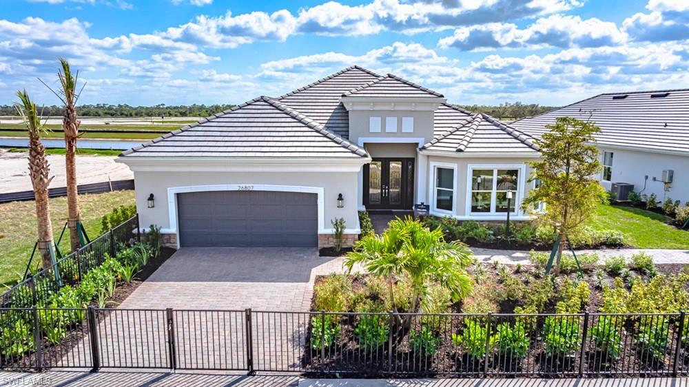 What's Special: Model Home | Water View | Close to Amenities | Flex Room | Covered Extended Lanai. New Construction - July Completion! Built by America's Most Trusted Home Builder. Welcome to the Pallazio at 26789 Victoria Place in Esplanade at Starling! Step inside this thoughtfully designed single-story home where comfort and connection take center stage. A welcoming foyer opens to a bright great room that flows effortlessly into the casual dining area and stylish kitchen, complete with a generous island perfect for gathering. The private primary suite offers a peaceful retreat with a spacious bath and serene separation from the secondary bedrooms. A versatile flex space provides room for a home office, lounge, or creative studio. Enjoy indoor-outdoor living with the extended covered lanai, ideal for relaxing evenings or weekend entertaining. With a two-car garage, dedicated laundry room, and smart layout throughout, this home blends beauty and everyday ease. Additional Highlights Include: tray ceiling package, 4' extended garage, gourmet kitchen, 8 interior doors, covered extended lanai, outdoor kitchen with vent hood, bay window added to the primary suite, impact windows throughout the whole house, and window blinds throughout the whole house. MLS#226023162 - Experience a new level of resort-style living at the gated community of Esplanade at Starling in Punta Gorda! Every day feels like a getaway with incredible amenities, including a resort-style pool, poolside cabanas, and a Bahama bar. Take advantage of concierge services and wellness programs designed to invigorate the mind, body, and spirit. Stay active with a friendly game of tennis, pickleball, or bocce, or unwind at the fitness center, spa, and even the bark park with your furry friend. Esplanade at Starling is where relaxation meets adventure—come discover it today!