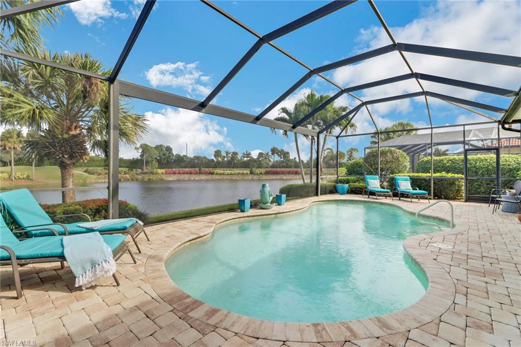 Enjoy stunning sunrise lake views through your lanai picture window screen. Huge Golf course & lake views. This 1,900+ sq ft 3 bedroom, 2 bath pool home has a bright open floorplan perfect for entertaining. Tile flooring throughout common areas & brand new carpet in bedrooms. Whirlpool appliances, garage fridge, newer water heater, furniture and most furnishings included. Palmira offers top notch amenities including but not limited to; resort style pool, separate lap pool, new state of the art gym, tennis, pickleball, bocce, basketball, and even a dog park.