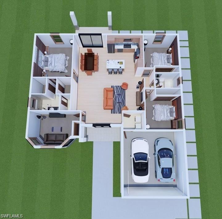 NEW CONSTRUCTION w/ contemporary design! Situated on an oversized corner lot in a non-gated neighborhood, this single family home is slated to be complete in Jan. 2022. Luxury features throughout- designer light fixtures, 8ft French doors at entry and regular 8ft inside, cathedral & volume ceilings, Roman marble white porcelain 24x24 tile throughout, LED lighting, granite countertops, frameless glass shower doors, crown molding, tile backsplash in kitchen, and designer cabinets, sprinkler and security cameras system. IMPACT WINDOWS AND DOORS all throughout this home. Convenient location - easy access to I-75 & SR 82 which takes you all the way to the East coast, plus just a short drive to Walmart and lots of other shopping centers & restaurants.