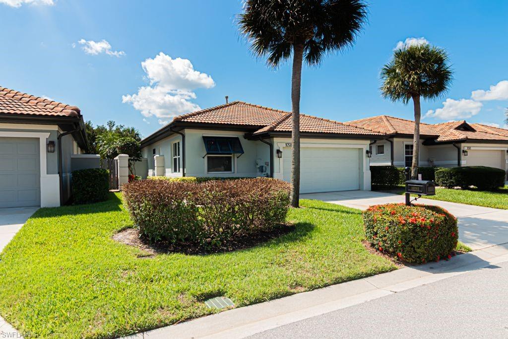 Enjoy relaxing on your extended lanai and the serenity of the peacefulness of a quiet backyard. This 2BR plus den single family home is fully furnished and includes your own private golf cart! New hot water heater just installed.  Kitchen offers under cabinet lighting, notice the spacious private patio on side of the home. Located in prestigious Pelican Preserve, the ultimate 55+ community in SW Florida. pelican Preserve offers amenities and social life with 2 outdoor pools, outdoor bar restaurant, pickleball, tennis, baseball field, exercise classrooms, cardio gym, movie theater, lounge areas, library, game/card rooms, library, arts and crafts studios, woodworking shop, dog parks, restaurant, bocce ball, lawn bowling, walking paths and preserve. Social activities throughout the week, amphitheater featuring live concerts, numerous clubs and much more. Also, optional golf membership featuring 27 well groomed holes of golf, clubhouse with restaurant and grill.