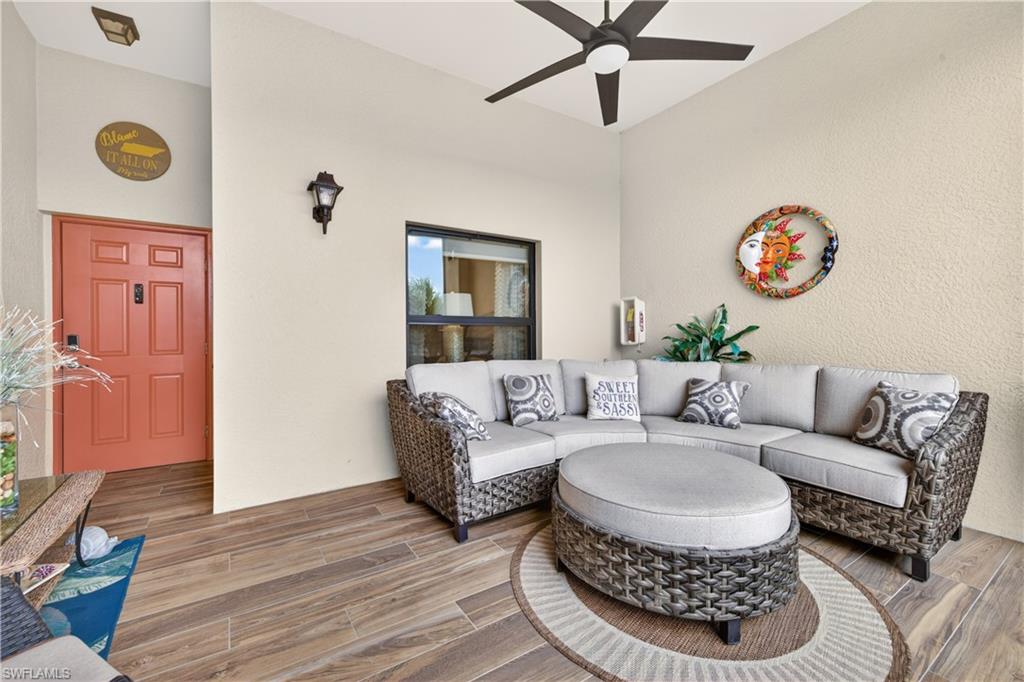 Beautifully furnished 2-bedroom plus den residence in the desirable gated community of Palmetto Cove. This inviting home features a screened front lanai that creates a charming, private entryway and an ideal spot for morning coffee. Inside, the open-concept layout offers high ceilings, neutral finishes, and a spacious great room that flows seamlessly to a second screened lanai off the living area, perfect for relaxing outdoors while enjoying the lush tropical surroundings overlooking the lake and fountain.
The well-appointed kitchen includes solid-surface counters, ample cabinetry, and a breakfast bar that opens to the main living space. The primary suite features a large walk-in closet and an en-suite bath with dual vanities and a walk-in shower. A versatile den provides excellent flex space for an office, hobby room, or additional guest area, while the split-bedroom design ensures privacy for visitors.
Additional highlights include a single-car garage, in-unit laundry, and tasteful modern furnishings throughout. Palmetto Cove offers resort-style amenities including a community pool, spa, clubhouse, fitness center, and beautifully maintained grounds.
Move-in ready and offered fully furnished, this home is ideal for seasonal or year-round living in a prime Fort Myers location close to beaches, dining, and shopping.