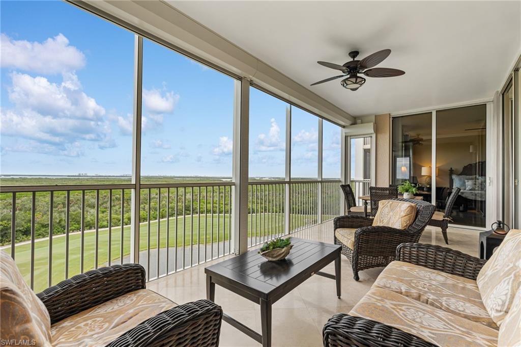 Welcome to spectacular high-rise living in Jasmine Bay South within prestigious West Bay Club. Located on the 8th floor, this beautifully maintained residence offers breathtaking panoramic western sunset views of Estero Bay, Lovers Key, and the Gulf, creating the perfect backdrop for Southwest Florida living. Featuring approximately 1,766 square feet, this spacious residence includes private elevator entry, 3 bedrooms, 3 bathrooms, and an open-concept floor plan designed for both comfortable everyday living and effortless entertaining. The great room seamlessly connects to the dining area and well-appointed kitchen, which features granite countertops and newer stainless-steel appliances. Floor-to-ceiling sliding glass doors lead to the oversized screened lanai, where spectacular sunsets and coastal breezes can be enjoyed year-round. The primary suite offers a private retreat with walk-in closet and tremendous Western views. The primary bath offers dual sinks, a large walk-in shower, and soaking tub. The split floorplan provides privacy for family or guests, offering two bedrooms and two full baths. The large third ensuite bedroom even has an eastern-facing private lanai. In addition, the condo is equipped with power roll-down hurricane shutters on the lanai and motorized shades in the primary suite. The condo features refinished travertine marble flooring, and LVP luxury wood planking in the bedrooms. The air conditioning system and hot water tank are all new within the past 4 years. Furnishings are negotiable, offering flexibility for the new owner. This beautiful residence is a must see. Jasmine Bay residents have access to a variety of amenities, including a private fitness center in each individual tower, club room, movie theater, 4 guest suites, and an infinity-edge pool with spa, poolside cabanas, and grilling areas. The Jasmine Bay tower lobbies are staffed 9-5 Monday through Friday, offering hands-on convenience.  Residents of West Bay Club enjoy a private Gulf-front Beach Club with a full restaurant and bar, chair and towel service, and 200 feet of direct beach access. The newly renovated Bay House features a resort-style pool, yoga and Pilates studios, spinning and stretching rooms, sauna, Aqua Café for indoor or poolside dining, eight clay tennis courts, and a state-of-the-art Technogym fitness center. River Park offers Estero River access with a boat launch and Gulf access, boat storage, kayaks and canoes, a fishing pier, playground, picnic areas, basketball court, and a scenic 1.5-mile walking trail. The Sports Park includes six pickleball courts, bocce courts, a fitness lawn, and two separate dog parks. Optional memberships are available for the private 18-hole Pete and P.B. Dye championship golf course and clubhouse. This exceptional residence presents a rare opportunity to enjoy luxury high-rise living, world-class amenities, and stunning waterfront views in one of Southwest Florida's most sought-after communities.