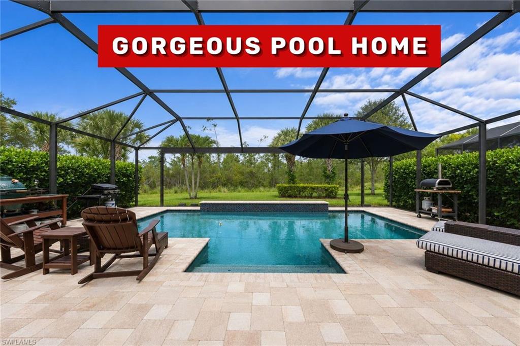 Located in The Preserve at Corkscrew, one of Estero's most desirable gated communities, this Pulte-built Vernon Hill floor plan offers 3 bedrooms plus a den and 2 full baths in a layout that lives with ease and elegance. Out back, a newer pool with a picture-window screen anchors one of the most private backyards in the community, set on a premium lot with a serene preserve view. The spacious paver lanai and northwestern rear exposure make it an ideal setting for enjoying the outdoors from morning through sunset. Inside, the kitchen features granite countertops, a large center island, an eat-in kitchen space, and extended cabinetry with soft-close drawers. The primary bedroom features tray ceilings and an en-suite bath with two separate vanities and a soaking tub. The finished laundry room and large custom owner's closet add practical storage throughout the home. Additional upgrades include a 4-foot extended garage with a 220-volt outlet for electric vehicle charging and manual hurricane shutters. Enjoy added peace of mind in flood zone X, located outside of the mandatory flood zone. The Preserve at Corkscrew is an intimate, fully built, 24-hour guard-gated community known for its scenic nature preserves, sidewalks, and streetlights. Residents enjoy an abundance of pickleball, tennis, basketball, a resort-style pool and spa, a fitness center, a yoga room, a clubhouse, and a tot lot, along with low HOA fees that include landscaping and an active social committee. All of this sits just minutes from shopping, dining, RSW International Airport, and Southwest Florida's award-winning beaches.