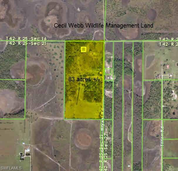 83 Acres across from Babcock Ranch that backs up to Cecil Webb Preserve. 1994 Manufactured home. Property has pines and native vegetation. Area of development. Zoning is agricultural and is one house per 10 acres.
