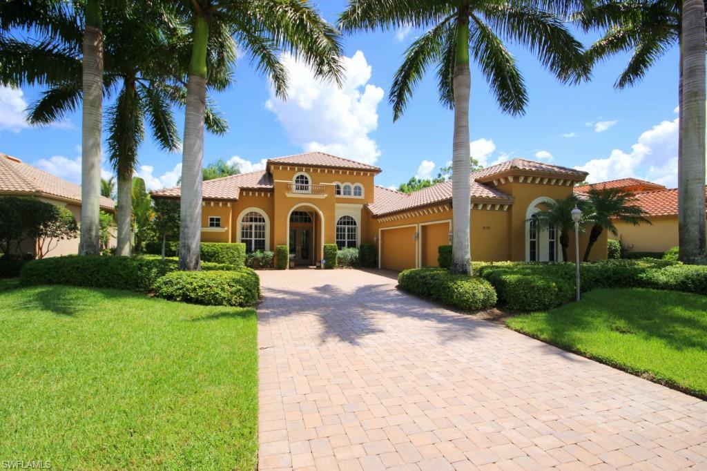 EVERYTHING in this ESTATE home is upgraded…the total effect is an exceptional quality home with unique interior décor with a focus on practicality and comfort.  The home has views over a lake on to the 9th fairway and the preserve beyond, making the east facing rear of the home very private, as you enjoy the custom designed pool with 18” raised spa.  There are granite countertops throughout, with all cabinetry in home upgraded to raised panel maple with glaze finish.  Stainless steel GE Monogram built-in appliances accent the kitchen. The butler’s pantry between the kitchen and formal dining room has a GE Monogram wine chiller. The flooring is 22 inch Italian porcelain tile set on the diagonal in all living areas, with carpeting in bedrooms and wood flooring in the study.  Separate electronic thermostats and humidistats control each side of the home.  Another feature is the structured wiring throughout for surround sound in all rooms as well as the lanai.  There are custom closet systems in both master walk-in closets.  For the occasional chilly weather, there is a gas fireplace surrounded with granite marble.  This is one of the few 4 bedroom, 3-car garage homes in Arezzo.
