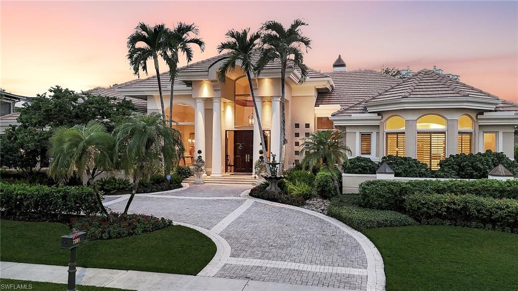 Naples’ ultimate community in beachfront luxury, privacy and exclusivity rests behind the impressive, manned gates of Bay Colony! This home of Timeless Beauty, stands tall on a COVETED LOT, and overlooks the Estuary waters in Bay Colony Shores!  It combines sophisticated elegance with practical living, and can adapt to any design aesthetic. Drawn by Stofft Cooney Architects as a unique ONE FLOOR home, it serves as an intimate space for two or expands to welcome both overnight guests or large gatherings for entertaining. The sundrenched Living Room is centered around a rare Keystone Fireplace and two-story windows that showcase the estuary scenes.  A soft-toned charming Kitchen features Taj Mahal Quartzite and is open to the Family Room and Breakfast Room where two glass walls of disappearing corner sliders unite Interiors with the Outdoor Activities and spectacular views of nature!  The Lanai, under a towering roof high screen epitomizes an outdoor garden room under the stars!  An elevated deck offers dining and seating with 3 hidden heaters for cool nights around the sofas and TV.  The lower deck features a heart-warming fountain beside a large swimmable renovated pool and a charming outdoor kitchen gazebo with pool bath.  Slip away to the Ultimate English Library highlighting a gas fireplace, bar and magnificent bookshelves. The generous Primary Bedroom wing demands attention with a seating area to close out the night, 2 custom closets, 2 full bathrooms and a private lanai with lounge chairs!  4 additional bedrooms, all en suite, are separated for privacy with a large Guest Media/Bunk/Hobby room used for separate guest gatherings.  Of course there is a convenient Laundry with second refrigerator and an 8 x 12 air conditioned Storage Room. New Roof in 2019 and New AC System Installed. Elevations are in the 2024 coveted X500 Flood Zone!  Bay Colony is the crown jewel of Naples offering a private Beach Club with Concierge Beach and Pool Service, Indoor Casual and Fine Dining, a top of the line Tennis Club on site plus all of Pelican Bay’s spectacular amenities including Pickleball, Workout and Community Center!  Close by is Naples' most sophisticated shopping at Waterside Shops, the best of live music and theater at Artis Naples, and the very vibrant town center at Mercato! The VIDEO LINK above is a must see to understand the wonderful flow of this floor plan!