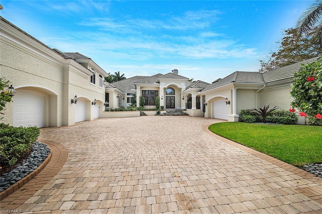 H.12477 - Marina Pointe is an enclave of 11 homes along the Imperial River leading to the Gulf of Mexico. This home captivates with intricate ceiling designs, exceptional millwork, Coquina shell stone floors, and inlaid wood accents. Southern exposure creates breathtaking backdrop of wide water views from 8,600 s/f of palatial living area. Deep blue pool with spa, lounge area, and outdoor kitchen offers the promise of dining by sunset. Chef’s kitchen inside provides gas cooking, warming and cooling drawers, double ovens and Sub-Zero, plus a dry-bar for serving. A master wing sanctuary of moonlit water views is accented by wood floors, beamed ceilings and coved reading nook. Guests discover an enviable en-suite palace and upstairs efficiency that inspires extended stays. The coastal lifestyle is found here with, his and her studies, media/fitness room, cabana, 2 putting greens, wine cellar, dock, 2 lifts, (7k, 10k), and 4 car garage. Calling golfers to up your game prior to a tee time, and boaters to relish a Marina nearby. Residents appreciate private beach, lifestyle center, golf courses, tennis/pickleball, miles of trails and parks. Honey stop the JET!