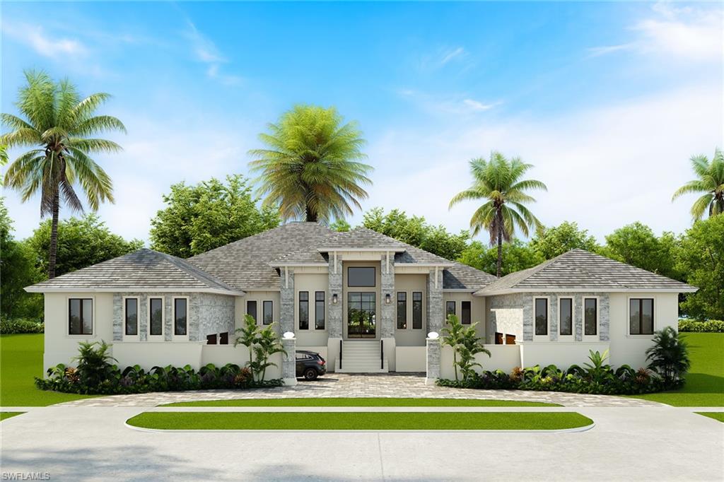 One or more photo(s) has been virtually staged, AI generated or rendered.  This one beauty will be completed in September 2026.  Discover the epitome of luxury in this custom-built contemporary home, on an oversized lot in the prestigious estate area of Marco Island. This remarkable residence spans nearly 4000 square feet of air-conditioned living space, offering opulence and comfort on every corner. Enter the expansive great room, where a custom featured wall with fireplace surrounded by tiles and wired for TV creates a breathtaking focal point. Just off the kitchen area is a floor to ceiling wine display with racking, lighting and set in tile back and side walls with glass enclosed door. Adjacent, the gourmet chef's dream kitchen awaits, boasting custom cabinetry, quartz countertops, 48-inch six-burner gas stove with second oven and griddle, large working island and additional twin social island, and large hidden pantry.  The intelligently designed split bedroom floor plan ensures privacy and convenience, featuring all en-suite bedrooms and a lavish primary suite retreat with separate vanities, soaking tub, large, tiled shower, and private outdoor shower for the owners. Tile floors throughout the home add a touch of elegance and durability. Embrace the Florida lifestyle outdoor living space designed for relaxation and entertainment. A massive, covered lanai space for entertaining that houses a saltwater pool, spa, outdoor kitchen, pool bath, and electric fireplace provide a haven for enjoyment. Additional features include a whole-house generator, 500-gallon propane tank, two oversized garages accommodating space for four cars, circular drive, impact windows and doors, and a 13-foot living area elevation. This home is a sanctuary of luxury, thoughtfully crafted with meticulous attention to detail. Indulge in the unparalleled elegance and sophistication of this magnificent Marco Island estate, where every amenity and feature has been designed to enhance your living experience. If you enjoy outdoor living, then this is the place for you. Some Photos in this listing have been virtually rendered.