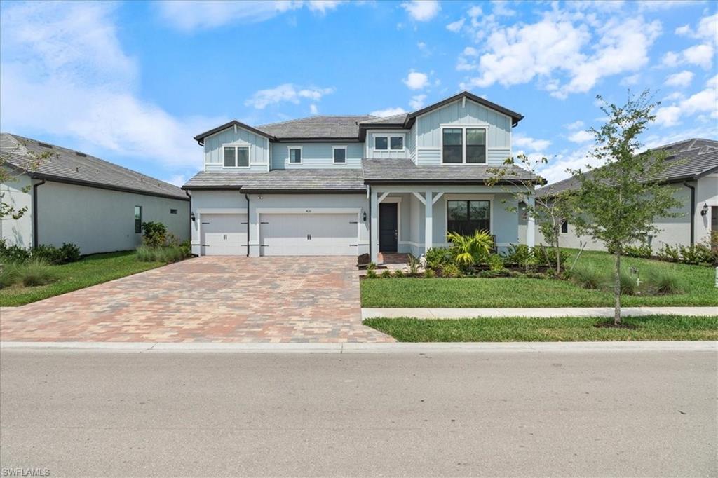 Welcome Home to the distinctive Roseland floor plan, a Pulte built home from the Echelon Series of homes. This home features 5 bedrooms and 5 bathrooms and boasts many upgrades, offering homeowners plenty of space for families of all sizes. The home features a screened lanai with upgraded pavers and upgraded pool with custom sun shelf + water feature and integrated spa overlooking one of the many lakes in Ave Maria. In addition, the lanai screen (long side) is upgraded to a "picture window" option offering unobstructed views of the lake from the pool, deck or from the great room inside of the home. The open floor plan paired with the screened lanai pool area provides a generous amount of indoor and outdoor living space for family fun time and entertaining. The first floor includes a flex space that can be used for a den, game room or additional sleeping area and has a full pool bath that can be accessed from the lanai. The living area/gathering room features a two-floor height open space radiating lots of natural light and is a wonderful open space to gather with family and friends. The home offers tasteful enhancements and upgrades such as tile and LVP flooring, quartz counters in kitchen and baths, decorative Herringbone backsplashes, upgraded "Big Chill" retro kitchen appliances, soft close cabinetry, with upgraded crown molding, fully finished wine cave with counters, cabinetry, backsplash and wine cooler, butler pantry, a single basin Blanco Silgranit kitchen sink, upgraded bathroom sinks, open rail & iron balusters with oak stain handrails, pocket sliding glass door, upgraded lighting and fans, epoxy finish on garage floor. The second floor space includes the Master suite with an owner's retreat and en-suite bathroom, a Jack and Jill - 2 bedrooms with shared bath, a 4th bedroom with a private bathroom and upgraded washer and dryer and laundry room.  Furniture is negotiable. A list of exclusions will be provided. Local Ave Maria amenities include: South & North Parks, community water park (for a fee), pet park, Ave Maria University events open to the public, golf currently available in two local Ave Maria golf courses for a fee, local dining & shopping plus so much more. Come enjoy the Florida lifestyle in your little piece of paradise in the fastest growing community in Southwest Florida!