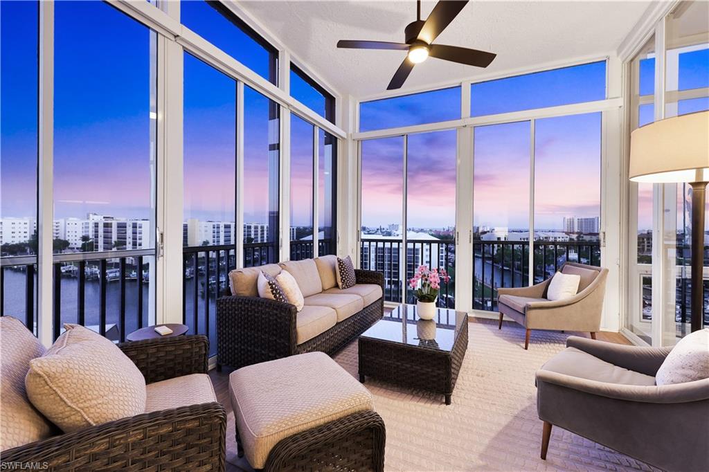 Experience the best of Southwest Florida living in this beautifully updated 7th-floor corner residence at the Palm Harbor Club. This stunning 3 bedroom, 2 bath residence with over 1,900 sq. ft. of open-concept living and volume ceilings not usually found at this level, is being offered turnkey-furnished showcasing unobstructed panoramic Estero Bay views from nearly every room & specific to this building. Thoughtfully renovated with luxury finishes throughout, the residence features tailored bamboo & tile flooring, custom millwork, designer lighting, elegant draperies, and high-end furnishings creating the ideal coastal retreat. The glass-enclosed & screened-in all-weather lanai seamlessly expands the living space and provides the perfect setting to relax and enjoy spectacular waterfront and sunset views as meandering boats drift by and neighboring evening lights enhance the setting even more. A spacious kitchen is beautifully appointed with Dacor appliances, quartz countertops and expansive windows that flood the space with natural light while framing gorgeous water views as you dine. New Marvin impact-windows have been installed in the kitchen & dining bay locations. The luxurious primary suite boasts floor-to-ceiling windows, direct lanai access, two generous closets and a spa-inspired bath complete with dual-sink vanities, soaking tub and separate shower. A thoughtfully designed split-bedroom floor plan offers privacy and comfort for guests with two spacious guest bedrooms and a beautifully remodeled guest bath with shower. The condo has its own laundry as well. A short walk to the beach and just around the corner, enjoy local farmers’ markets, waterfront dining, boutique shopping and the convenience of the Freedom Boat Club for hassle-free boating adventures. You may on occasion, find a boat slip available for purchase or lease nearby. Residents enjoy an array of resort-style amenities including a waterfront heated pool and spa, clubhouse, tennis/pickleball court, shuffleboard, outdoor BBQ grills and more. FOR INVESTORS, WEEKLY RENTALS ARE ALLOWED. Welcome home to paradise!
