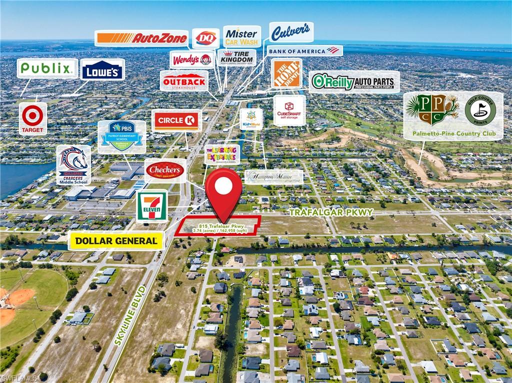 This is an excellent choice for establishing a retail business, or other commercial venture. The cleared lot measures 3.74-acre (162,936 sqft), and it is in the hard corner of Trafalgar and Skyline. It offers high visibility and substantial traffic exposure (exceeds 20,000 vehicles per day). The central location, existing infrastructure (on City Water & Sewer), and proximity to schools, daycares, sports parks and boat-ramp, marina, golf courses, new restaurants, gas station, and stores make it an attractive opportunity for investors and entrepreneurs. The Zoning classification is C1-D, allowing a variety of uses. Great opportunity to establish a presence in a thriving area of Cape Coral.