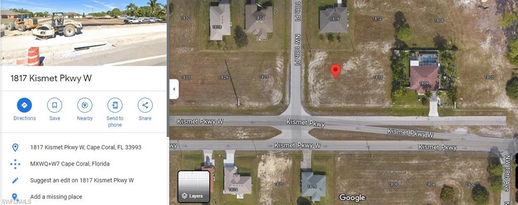 Great corner lot for sale in the growing area of NW Cape.  Close to shopping, beaches, dining, golf, medical buildings, etc.  Great location on Kismet, near Chiquita Blvd. and Nelson.  Build your dream home, great location and priced to build a possible investment property on.  Don't miss this opportunity to build in one of the fastest growing cities in Florida.  No property warnings or notes to deal with.