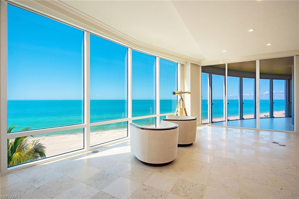 Enjoy amazing Gulf views and year-round sunsets from this idyllic beach house elevation! Located on the south side and encompassing 6,062 square feet of gracious living, this home offers four full bedrooms suites, four-and-a-half baths, great room, formal dining area and family room. The updated kitchen includes custom stunning Paldao cabinets, top-grade appliances including Wolf double ovens and range, Subzero refrigeration and wine cooler and Miele dishwasher. The primary suite stuns with beautiful waters views, a remastered bath with ample storage and oversized shower plus an adjacent private den. The interior flows effortlessly to the two large Gulf-facing lanais and one bay-facing, all with glass panels, allowing the eye to go directly to the mesmerizing views offered. Building specifications include 10-foot ceilings, 8-foot doors, gas cooking, private elevator entry, water detection system and more.  Le Rivage is a highly sought-after building with only 37 residences. Some of the outstanding amenities include a 24-hour front desk attendant, saline pool and spa, completely renovated lower and upper lobbies-including social room with full catering kitchen, fitness room with Techno Gym equipment, private Pilates room, two Gulf-view guest suites, three parking spaces, air-conditioned storage unit and separate beach storage. Stroll to Venetian Village for dining, shopping and entertainment. Boat slips at Venetian Bay Yacht Club may be leased or purchased to Park Shore homeowners (based on availability).