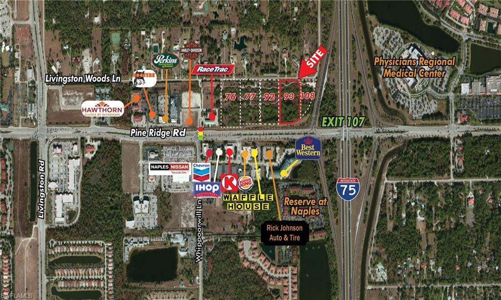 Interchange site 4.03 acres, located at east of the RaceTrac gas station, at Exit 107. Possible land assemblage between RaceTrac and I-75. This land assemblage, totaling 15+ acres, is one of the only 3 Interchange Activity Centers in Collier County, at the NW Corner of I-75 and Pine Ridge Road at Exit 107.  The Property currently zoned E-Estates District and since it is located in the Interchange Activity Center Sub-District #10 is eligible to apply for all permissible commercial uses of C1 to C5 or 16 units/acre of residential Multi Family/Mixed-Use.