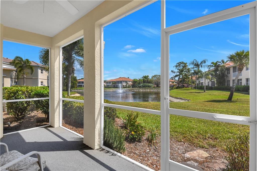 Fantastic SWFL living! First floor condo w/ courtyard entry situated in a highly desired gated golf & country club that offers optional memberships. This Las Brisas floor plan features a great room design, split bedroom layout, wide galley kitchen, formal dining space & breakfast nook, spacious master bedroom w/ walk-in closet, guest suite w/ private entry to guest bath, attached 1-car garage, & a Southern facing screened lanai w/ a peaceful & serene setting- gorgeous view of lake & golf course! Meticulously cared for & updated- ALL IMPACT RESISTANT WINDOWS, LED lighting throughout, updated bathrooms w/ contemporary design, whole home water softener system, new screen cage on lanai, new washer, & BRAND NEW tile roof is currently being placed on the bldg. Ideal for seasonal SWFL living- only 3 miles from the beach, plus the home can be leased up to 12 times per year (30 day min lease). Spanish Wells has guard at gate 24/7 & is patrolled (lowering your homeowner insurance). Community pool right around the corner from this home. At the Spanish Wells Golf & Country Club you can enjoy a 27 hole championship golf course, fitness center, dining, bocce ball, Har-Tru tennis courts & more!