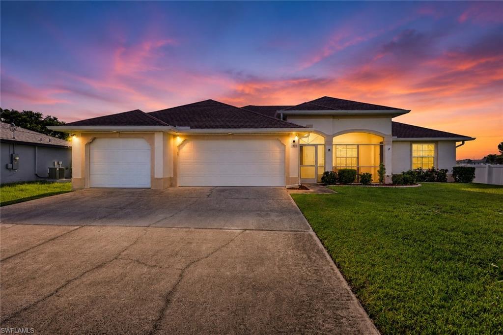 One or more photo(s) has been virtually staged, AI generated or rendered.  Beautifully maintained 3-bedroom + den, 2-bath pool home with a 3-car garage situated on an oversized double lot in NE Cape Coral. Offered furnished, this spacious home features over 2,245 square feet of living area with soaring ceilings, a split-bedroom floor plan, tile flooring throughout the main living areas, and an inviting screened lanai overlooking a private saltwater pool.

The kitchen offers abundant cabinetry, breakfast bar seating, pantry storage, and appliances while opening to the main living space, making it ideal for entertaining. The primary suite features dual vanities, a soaking tub, walk-in shower, and generous closet space.

Additional highlights include a saltwater pool with tanning shelf and fountain, 3-car garage with extensive built-in cabinetry, well irrigation, automatic sprinkler system, plantation shutters, electric and manual storm shutters, newer roof (2022), 2016 windows and doors, 2019 water heater, 2023 well water system with a new well pump installed in 2024, septic system professionally serviced in 2024, and hurricane-rated garage improvements.

The movable tiki bar offers additional entertaining space and remain with the home.

Located on a quiet street with no HOA fees and convenient access to shopping, restaurants, schools, boating, golf, and all that Cape Coral has to offer.

Furniture included is not necessarily the furniture shown in the photographs. Seller reserves the right to substitute furnishings prior to closing.