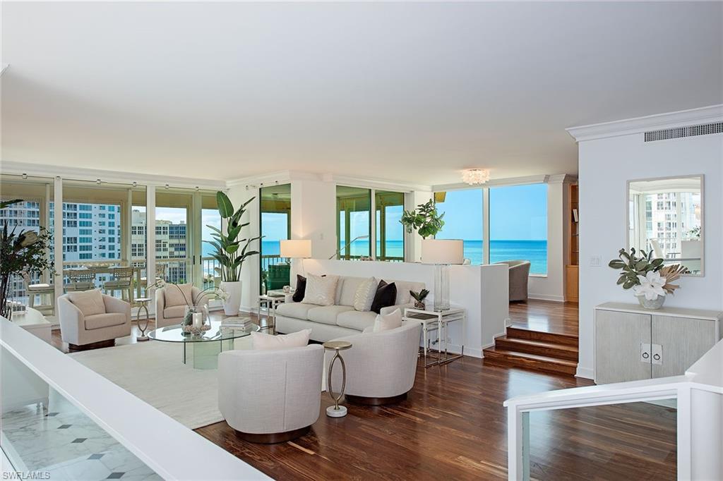 Enjoy stunning views to the west, the south, and the east – three exposures in Park Plaza's 12th-floor #1204 residence. Over 3,400 square feet of easy living area with room to enjoy family and friends inside or outside on the lanai. A perfect kitchen boasts all Miele appliances including double ovens, a steam oven, a microwave, a warming drawer and a wine cooler, with an expansive pass-thru island to the dining/family room and awesome views of the Gulf and Venetian Bay! Three full baths and two large bedrooms, a generous sunken living room and a delightful den. Windows feature modern white electric shades. All windows and sliding glass doors are impact glass. There are two first-level garage parking spaces. Park Plaza's location right on the Park Shore Beach Promenade is appealing for hearing the sounds of the surf and for easily accessing the beach. A new pool and spa with a large beach pavilion and expanded deck offering lots of areas to relax, bar-b-que and dine was recently completed. There is a rooftop lounge, pickleball courts and a 60-seat theater