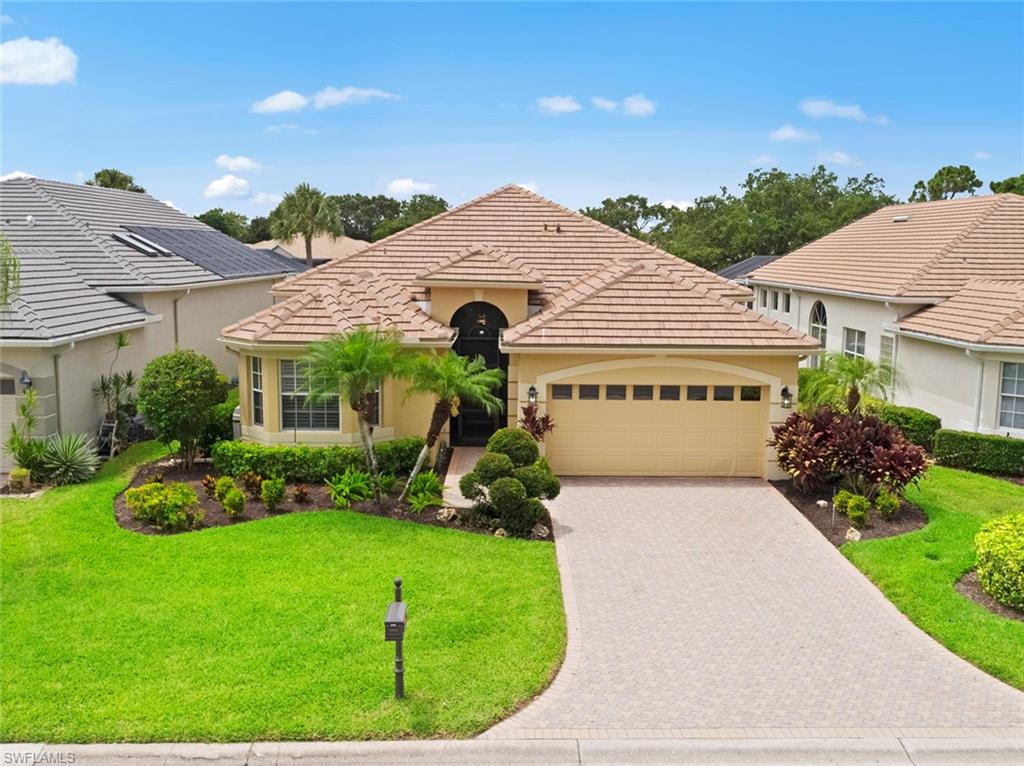 Don't miss out! This move-in ready POOL home offers 2 Beds + Den and 2 Full Baths with over 2,100 sf of living under tall, volume ceilings and an EXTENSIVE LIST OF UPGRADES/UPDATES! NEW ROOF 2020, NEW hot water heater 2019, NEW A/C 2020, NEW solar panels for pool, crown molding and plantation shutters throughout, high end cabinetry w/soft close drawers, panoramic lanai screen, retractable awnings- to name a few! Split bedroom floorplan provides ideal privacy for guests and boasts a spacious master suite with en suite bath, large step-in shower, oversized walk-in closet and lanai access. Open concept living area offers wet bar with ice maker and wine rack, and flows seamlessly to the lanai where you can take a dip in the pool, or relax and enjoy the view of the golf course and lake! Estero Country Club offers a warm and inviting atmosphere with an 18-hole Gordon Lewis designed course (Golf membership optional) tennis, fine and casual dining, and full social calendar! Conveniently located W of 75 just minutes to RSW airport, Coconut Point Mall, multiple dining/shopping venues and white sand beaches. Social membership to Estero CC is required. **See Link for Virtual Tour & Floorplan**