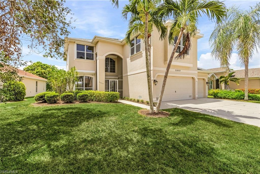 This gorgeous 4 bedroom plus den, 2.5 bath home in the amenity rich Marsh Landing community is renovated with lovely ceramic plank flooring, an open kitchen with waterfall quartz center island, new stainless steel appliances and white cabinetry.  The family room has a fireplace, custom shiplap wall, crown molding and opens up to an oversized lanai with new pavers, fenced in yard and a beautiful view of the lake.   This home boasts a family room, living room and add'l space for a dining room. Upstairs has large bedrooms, all with new carpeting and an office/playroom or den.  Add’l features include a 3 car garage, new landscaping and irrigation system and shutters.  Marsh Landing is a gated community with a large clubhouse, heated pool and spa, tennis & pickleball, basketball, fitness room & bocce.