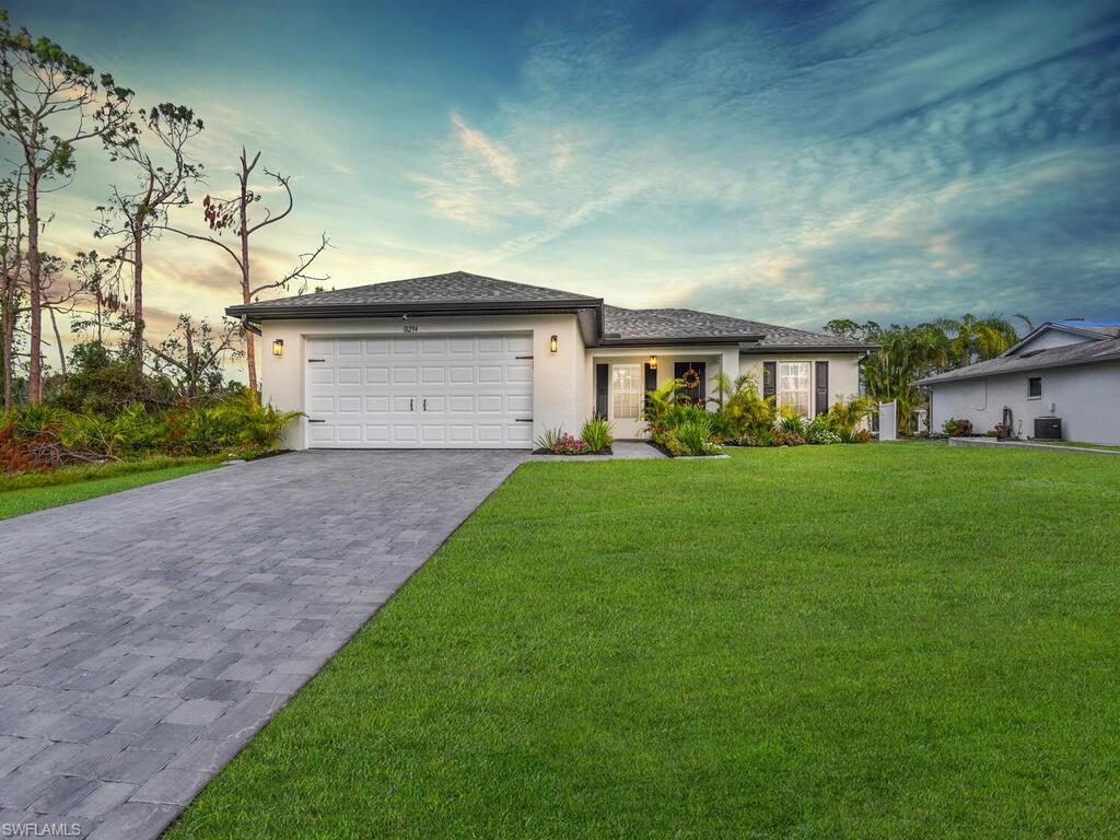 JUST BUILT IN 2022 w/ thousands of dollars in luxury upgrades! This single family home is being offered with option of TURNKEY and features designer black light fixtures, high-end ceiling fans w/ remotes in living room & all bedrooms, SMART home w/ ADT & Google Nest security, Google doorbell cam, ADT driveway cam, Google indoor cam, Google SMART thermostat, monitored smoke detectors. keyless keypad on entry door, garage door opener w/ exterior keypad, floors professionally sealed on 11/12/22 w/ a 5 yr warranty, cordless wooden blinds in all rooms, granite countertops in kitchen & guest bath, open concept kitchen (w/ designer cabinets including built-in trash can, stainless steel appliances, and backsplash), white marble double sink countertop & glass shower door enclosure in master bath, large capacity Samsung washer/dryer, 3 zone irrigation system, upgraded owned water treatment system, palm trees lining the rear lanai for privacy, and cement curbing on front landscape beds. Sale includes remainder of 1 yr warranty and 10 yr structural warranty. Located in a non-gated neighborhood w/ no homeowner assoc fees and only a short walk to the nature trail & lake setting of Ollie's Pond Park.