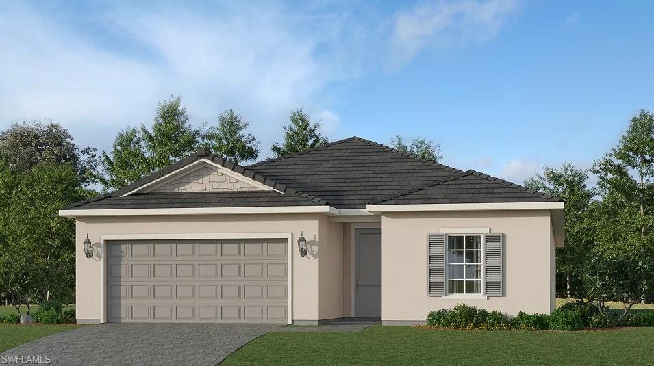 One or more photo(s) has been virtually staged, AI generated or rendered.  Hampton Lakes is a collection of new single-family homes for sale at the River Hall masterplan in Alva, FL. This new single-story home optimizes space and prioritizes ease of living. At the heart is an open-concept design which includes the modern kitchen with a center island, an intimate dining area and a spacious family room with a covered porch. Nearby is the tranquil owner’s suite with a private bathroom and walk-in closet, while two additional bedrooms and a versatile flex space are located down the hall. Prices, dimensions and features may vary and are subject to change. Photos are for illustrative purposes only. Estimated delivery date is Aug/Sept 2026.