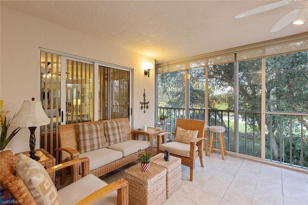 Relax and enjoy the lovely views from this third-floor residence overlooking the lake and golf course. Great room floor plan with two bedrooms plus den and two baths. Glassed-in lanai for year-round use provides ample space for guests and entertaining. Owners have spent numerous happy years in this residence, and now you can make it your own. Well maintained, the interior has been recently painted, all air ducts cleaned, new dryer, refrigerator, microwave and newer hot water heater. Also, the residence has a private two-car garage and outside storage. Wedgewood in Bonita Bay offers a large pool area and tennis courts, and it is a pet-friendly neighborhood. In addition, Bonita Bay is a 2400-acre gated community offering 12 miles of hiking and biking paths, four waterfront parks, including a beach park, pickleball, canoeing, bocce ball, a host of social activities, five member-owned championship golf courses and a full-service marina.
