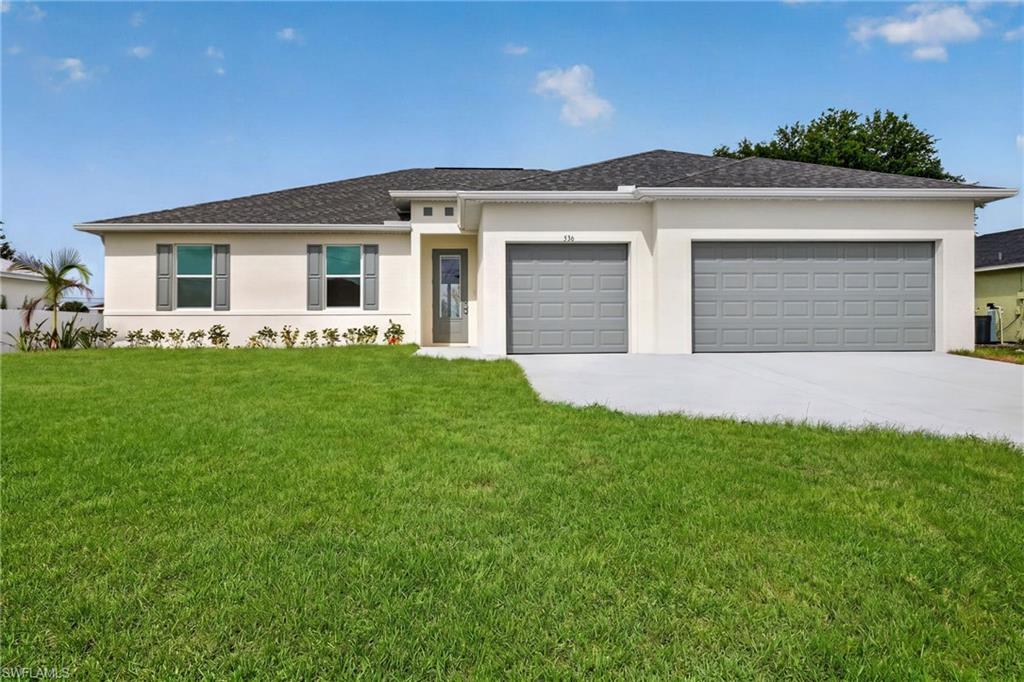 $20,000 CLOSING COST CREDIT AVAILABLE! NEW CONSTRUCTION READY NOW | SOUTHERN EXPOSURE| ROOM FOR POOL | Dual Primary Suites | 3 Bathroom | 3-Car Garage | Move-In Ready NOW. Introducing The Bluewater Cove, an expansive single-story new construction home in Cape Coral offering 4 bedrooms, 3 bathrooms, and a rare dual primary suite layout ideal for multi-generational living, guests, or a private office retreat. The bright open-concept floor plan features soaring tray ceilings, a spacious great room, and seamless indoor-outdoor living. The chef-inspired kitchen includes quartz countertops, soft-close all-wood cabinetry, stainless steel appliances, a large island with breakfast bar. The main primary suite offers direct lanai access, dual vanities, a large glass-enclosed shower, and a walk-in closet. The second primary suite includes its own private bath (with access to the lanai -perfect for your future pool) and walk-in closet, providing flexibility and privacy. Two additional bedrooms share a third full bathroom in a split-bedroom floor plan. Enjoy outdoor living on the expansive under-truss lanai with plenty of room to add a custom pool and outdoor oasis. Additional features include tile flooring throughout, impact windows and doors, an elevated lot outside the flood zone, and a spacious 3-car garage. Conveniently located near shopping, dining, entertainment, and with easy access to Fort Myers Punta Gorda and Southwest Florida beaches. Built by a trusted local builder and backed by a 1-year workmanship and 10-year structural warranty, with energy-efficient systems. One or more pictures may be virtually staged. This is the Bluewater Cove Plan.