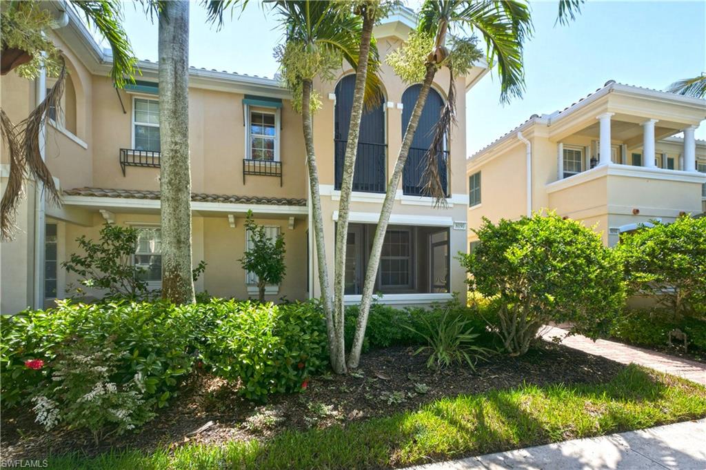Naples Verona Walk Cayman floor plan, 2 story townhouse (3/3, 2-car detached garage) is one of most affordable Resort life styles! Concrete block construction, never lost power during storms and 24 hour guarded gate entry. This is the BEST location to walk out the door to all the amenities just steps away. 1868 sq ft under air, tile floors through out entire residence (no carpet) and contemporary vibe of oversized lit mirrors in updated bathrooms. Screened in patio perfect for outdoor leisure and cooking.  Property is currently occupied. Low HOA dues include lawn care, irrigation, basic cable TV, & internet. Amenities include pickel ball, tennis, fitness center, basketball, resort lagoon pool, lap pool, 20 miles of walking paths, full time management planning events and giving incredible service to its community, even a gas station plus post office. Hospital and college around the corner.