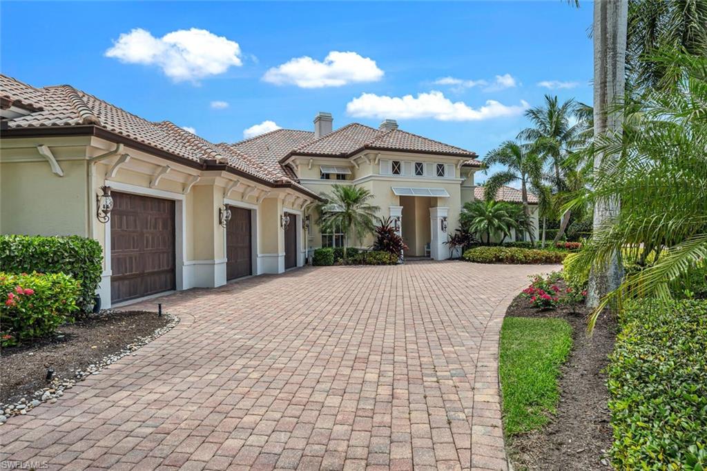 H6455 - Rarely available estate golf course and long lake view home tucked away in the gated, brick-paved enclave of Bay Laurel Estates. You will be enchanted by the spectacular view and quiet beauty. This stunning home features 4 bedrooms & den, 4 updated bathrooms, and an updated kitchen. Soaring coffered ceilings throughout, make for a bright and inviting atmosphere. The beautiful tongue-and grooved wood ceiling covers the patio, which is an outdoor oasis with seating and dining area, outdoor kitchen as well as a pool and spa. This property is a rare beauty in the centrally located golf community of Pelican Marsh.