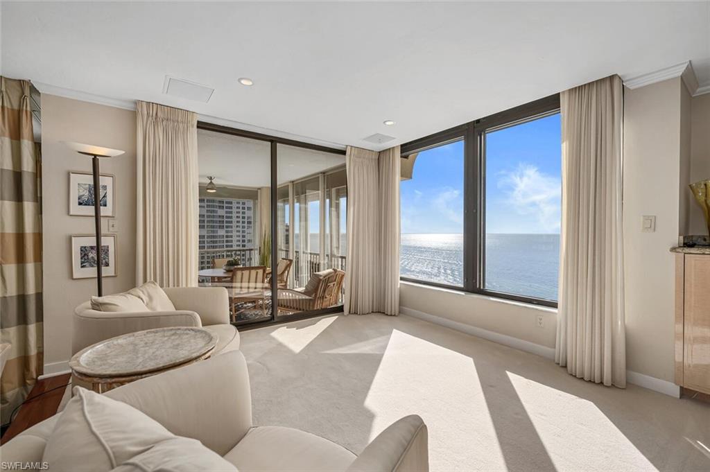 C7955. Price reduced for immediate sale. Yearning for huge Gulf and Bay views and tons of natural light? Enjoy having plenty of room to spread out or entertain? This fourteenth floor Park Plaza ‘04 residence delivers! Incredible 270 degree pass-through views from east to south to west will have you in awe. Tastefully-renovated, this spacious two bedroom plus den, three bath home has a large lanai and generous interior living and dining space, as well. Additionally, two well-located garage spaces convey with this home, as well as a storage closet. Park Plaza is amenity rich and even includes a movie theatre and roof top lounge. The social room and fitness center are currently being remodeled and the seller has paid the assessment for the pool and patio that will be reinvented during the off-season of 2023. Located right up on the sand of Park Shore Beach, this tower offers unparalleled water views and glorious sunsets. Just across the street is boat dockage, as well as dining, shopping and entertainment at The Village on Venetian Bay. Park Shore is centrally located, offering quick access to Olde Naples, Waterside Shops, Artis, Mercato and more.