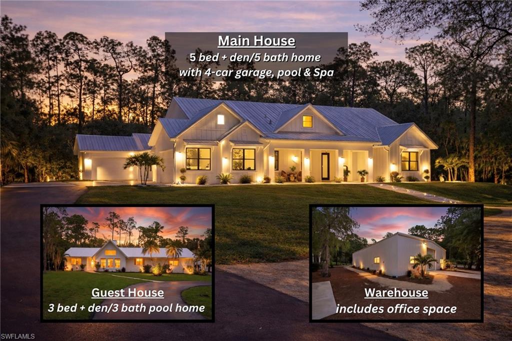 A truly rare Naples estate offering unmatched luxury, privacy, and immediate equity—this fully fenced and gated 5-acre 100% UPLANDS compound with dual electric entrances features 3 residences, 2 private pools, and a massive commercial-grade air-conditioned workshop, all thoughtfully designed for elevated living. Offered completely turnkey and priced $675,000 below appraised value, this is a once-in-a-generation opportunity to step into a fully curated lifestyle just minutes from downtown Naples, the Gulf beaches, premier shopping, dining, and entertainment. The main residence showcases a resort-style saltwater pool and spa with travertine decking, while the detached guest house enjoys its own private pool—creating an estate perfectly suited for multigenerational living, guest accommodations, or private retreats. Additional highlights include a whole-house generator, propane tank, gas tankless water heater, reverse osmosis system, and epoxy-finished garage and warehouse flooring. A seamless transition into a fully designed, move-in-ready luxury estate. The main home features 5 bedrooms plus a den and 5 bathrooms, complemented by wood-look plank tile flooring, 8-foot solid wood doors, custom walk-in closets, central vacuum, and a four-car garage. The expansive living area is anchored by a striking stone feature wall with an electric fireplace and a full wall of sliding glass doors, creating a seamless indoor-outdoor living experience. The chef’s kitchen is a true centerpiece, highlighted by an impressive 11-foot custom island with waterfall quartz countertops, tile backsplash, premium KitchenAid stainless steel appliances, gas cooktop with hood, wall oven, microwave, two-drawer dishwasher, and an oversized walk-in pantry. The primary suite is a private retreat, offering dual custom walk-in closets and a spa-inspired bath with soaking tub, dual vanities, private water closet, linen storage, and a walk-through tile shower with rainfall feature and direct outdoor access. Outdoor living is equally impressive, with a fully equipped summer kitchen featuring a gas grill, sink, refrigerator, and stone countertops, along with expansive front and rear porches that enhance the tranquil, estate-like setting. A private in-law suite or guest wing—separated by a barn door and complete with its own entrance—includes a two-car garage, full kitchen with stainless steel appliances and gas range, primary ensuite, additional bedroom and bath, living area, dining space, and laundry, offering ultimate flexibility for extended family or guests. The detached guest house offers 3 bedrooms + den and 2 full and 1 half bath-with its own private pool. Recently updated with a new roof, new AC, new stucco, refurbished pool, and renovated interior, it provides a fully independent retreat. This property offers unmatched privacy, security, and versatility!