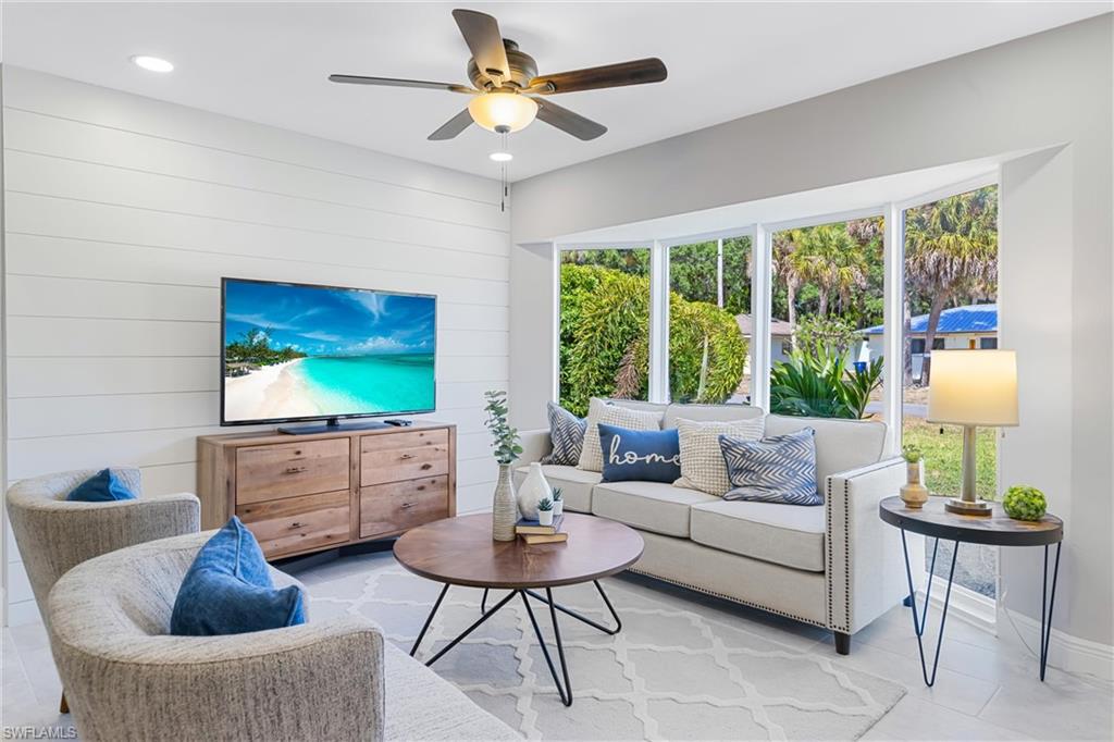 This renovated Gulf access waterfront home offers 4 bedrooms and is now available for lease after the previous tenant’s term just ended. Located on a quiet canal with a concrete seawall and western rear exposure, the property features a spacious backyard with a firepit area overlooking the water and quick boating access to the Caloosahatchee River in approximately 15 minutes. The home underwent an extensive renovation with major upgrades including updated windows, irrigation system, interior and exterior improvements, porcelain wood-plank tile flooring throughout, shiplap accent walls in the foyer and living area, updated baseboards, modern lighting, fans, fixtures, sinks, and faucets. The redesigned kitchen features white cabinetry with black hardware, quartzite countertops, subway tile backsplash, stainless steel appliances, and a custom tray ceiling with LED accent lighting. Both bathrooms were upgraded with shaker-style vanities and designer-tiled showers, with a tub included in the guest bath. Additional improvements include updated interior doors, electrical outlets, and numerous finish upgrades throughout. The interior has just been freshly repainted in a clean white tone creating a bright, modern feel. Conveniently located within walking distance to North Fort Myers High School, less than 10 minutes to Historic Downtown Fort Myers, about 5 minutes to Cape Coral, and offering easy boating access to the river. The home is not located in a flood zone and has never taken water.