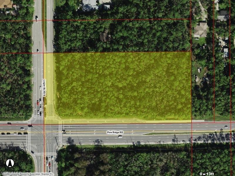 Excellent opportunity to procure a large 5.15 acre legal conforming corner lot (2 fronts and 2 sides), situated at the NE corner of the signalized intersection of Pine Ridge Road and Logan Boulevard South. 680’ of frontage on Pine Ridge Rd and 330’ frontage on Logan Blvd; recent survey available for convenience. Booming Naples, FL  area with high traffic intersection of ±70,000 vehicles per day. Surrounded by established Commercial complexes (Publix, McDonalds, Starbucks, etc) and Residential communities (i.e.Vineyards which consisted of thirty-eight unique communities with villas, condos, coach homes, single-family homes and luxury custom homes). Excellent visibility and access from both Pine Ridge Road and Logan Boulevard South. The current Zoning District: Estates (E) has the potential of being developed into a Family Care Facility, ALF project, School/Educational facility, Place of Worship, Nursing Home and more. The site may offer the potential for other uses, subject to rezoning as well as amending the GGAMP (Golden Gate Area Master Plan). Inquire today for more info and make this opportunity a reality.