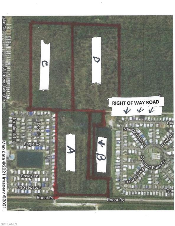 1400 Manatee Road is a Right of Way and 6065 Roost Road has a land bridge to the land. There are four deeds for a total of 61.14 acres. Just two miles from the intersection of Collier Blvd. and Rt. 41 East where there are grocery stores, CVS, Walmart, and restaurants. Gulf courses are within four miles of Marco Island. Boating and fishing are nearby as well as beautiful Public beaches. Schools are within half-mile walking distance on back roads. In 2016 all of the 61.14 was clear cut of trees eliminating some of the cost of site prem.
