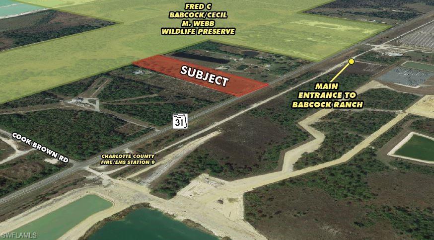 Located in “State Opportunity Zone” designated by chief executives of the State, offering consists of 10 acres non-conforming RV Park zoning (RVP needs minimum 15 acres with non- Agricultural Future Land Use), and Future Land Use of Agriculture. The rear of the property borders Fred C. Babcock/Cecil M. Webb Wildlife Management area, a State of Florida wildlife preserve. This unique development opportunity is across from the fast-developing Babcock Ranch, America’s first solar-powered town, with 19,500 residential units and 680,000 solar panels. Easy access from Babcock Ranch, Fort Myers, Punta Gorda, North Fort Myers, Cape Coral, and Lehigh Acres