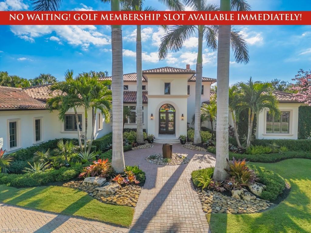 NO WAITING! GOLF MEMBERSHIP SLOT AVAILABLE IMMEDIATELY! - Located in the prestigious golf & country club community of Mediterra in Naples, Florida - This residence boasts expansive guest accommodations, including a convertible bonus family room with developer-provided plans to transform it into a full fourth bedroom! A true architectural masterpiece situated on an extraordinary 0.78-acre homesite—one of the largest and most sought-after parcels in all of Mediterra. Perfectly positioned with breathtaking views of the lake and the iconic 18th fairways of both the North and South championship courses, this estate lives like a private resort with unmatched scale, serenity, and sophistication. French oak flooring, soaring custom ceilings, premium millwork, and seamless indoor/outdoor transitions define over 5,100 sq ft of refined living space. The chef’s kitchen features Sub-Zero refrigeration, Wolf appliances, refrigerated drawers, a built-in hutch and bar display, and an oversized island, while a separate full-size prep kitchen offers dual Sub-Zero refrigerators, wine refrigeration, a coffee station, sink, abundant dry storage, and a dedicated workspace for discreet catering. Guest spaces are abundant, including an attached yet private casita wing that further elevates the estate, offering its own entry porch, convertible family room, two spacious guest bedroom suites (one with an attached bonus space ideal for a nursery, office, or playroom), plus a private lakeside lanai & garden courtyard. Resort-level outdoor living includes multiple living & lounging spaces, a heated saltwater pool with a sun shelf, custom water features, custom LED color lighting, electric roll-down screens, outdoor dining pavilion, premium Lynx gas grill, refrigerated drawers, prep sink, gas fireplace, and year-round sunsets thanks to the coveted southwest exposure. A homesite of this magnitude and grandeur is truly a rare gem in the community! Mediterra is a prestigious luxury golf & country club community featuring Two championship Tom-Fazio golf courses for avid golfers, multiple tennis courts, pickle-ball & bocce, fitness center, pristine bike & jogging trails, and luxurious dining at the private country club restaurant. The Mediterra Beach Club offers an escape to a 10,000 sq. ft two-story private oceanfront paradise on the Gulf of Mexico. Featuring a restaurant & bar that serves members via indoor & outdoor dining, this private facility boasts a heated swimming pool, a sundeck, and cabana beach service for chairs, umbrellas & refreshments.