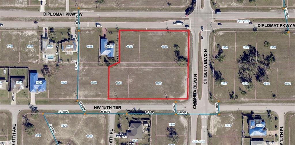 Exceptional commercial development opportunity at the highly visible corner of Diplomat Pkwy W and Chiquita Blvd in rapidly growing Northwest Cape Coral. This assemblage of 4 commercial lots totals approximately 1.95 acres and offers outstanding exposure with approximately 277 feet of frontage on Diplomat Pkwy W and 269 feet of frontage on Chiquita Blvd.

Positioned at a prominent 4-way stop intersection surrounded by explosive residential and commercial growth, this site is ideal for retail, medical, office, restaurant, convenience store, service-oriented businesses, or mixed-use commercial development. A newly constructed 7-Eleven on the adjacent corner further highlights the area’s strong growth trajectory and increasing commercial demand.

The property benefits from strong traffic exposure, with Chiquita Blvd traffic counts reported around 19,200± vehicles per day, while Diplomat Pkwy W continues to experience increasing daily traffic as development expands throughout Northwest Cape Coral.

Seller financing is available, creating an attractive opportunity for investors, developers, and end users seeking flexible acquisition terms in one of Southwest Florida’s fastest-growing corridors.

With exceptional corner visibility, extensive roadway frontage, expanding infrastructure, and continued population growth nearby, this is a rare opportunity to secure a premier commercial corner in the path of future development.