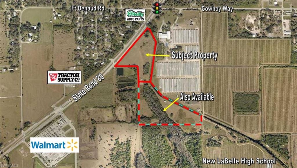 EXPLOSIVE GROWTH LABELLE W SR 80 CORRIDOR FRONTAGE LOCATED IN BETWEEN WALMART AND O’REILLY AUTO PARTS STORE. Close proximity to Helms Road Extension, new LaBelle High School (under construction), Tractor Supply, and stop light at SR 80 W and Cowboy Way (east)/Fort Denaud Road (west). 12+/- acres with approximately 1,100+/- feet of frontage. Seller may split this property into retail/professional space/medical sites on W SR 80. Property currently zoned Agricultural for low-low taxes (2025 taxes were $92.84) with that use continuing even after annexation until development takes place (if pasture use continues). Seller will work with new Buyer on obtaining a Planned Unit Development. This property can be annexed into the City of LaBelle for access to utilities for your project. LaBelle is centrally located on SR 80 (Fort Myers/Cape Coral evacuation route) which is crossed in downtown by SR 29 (Naples/Collier County evacuation route). This property is only 30 minutes from downtown Fort Myers and 18 miles from I-75; 2+/- hours from Miami; 3+/- hours from Orlando. 30 miles east of this site is Airglades Airport site in Clewiston, which is already on the way to becoming the new inland port for produce, flowers, and other items from South America.