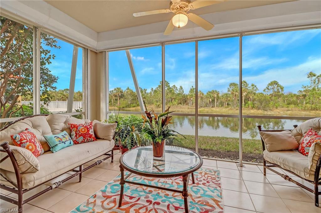 Experience the Florida Lifestyle with this turnkey 2 bed+den, 2 bath first floor lake front coach home with 2 car garage. Beautifully updated condo boasts brand new flooring installed in 2022, and a new kitchen with stainless steel appliances 2022, quartz counters and faucets replaced 2020. The main bathroom has been completely remodeled in 2022, featuring a luxurious soaking tub, walk-in shower and double vanity. New water heater 2022. Electric Storm shutters. Step outside and enjoy the Florida sunshine on the screened lanai, with beautiful expansive lake views and private surroundings. Brand new roofs installed 2022 and recently painted on the exterior 2023, adding to its charm and appeal. The Property is conveniently located right across from the sub community pool and sub clubhouse area with plenty of parking for guests. Lighthouse bay offers a Boathouse with trademark lighthouse, viewing deck, docks with paddle boats, canoes and fishing boats, numerous pools including a screened in lap pool, Tennis Center with six lighted Hydro-grid clay courts and much more. Also optional member ship to The Commons Club membership includes pickle ball, beach club, restaurant and much more.