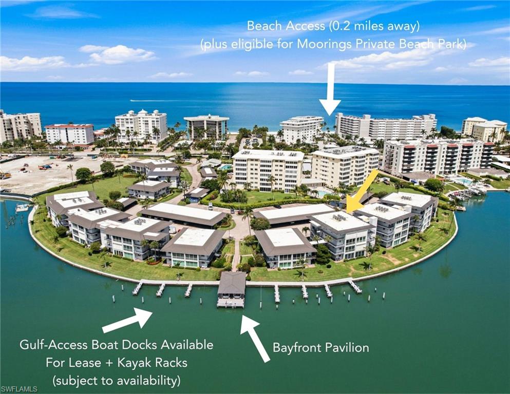 LOWEST-PRICED UNIT IN HARBORSIDE GARDENS IN THE MOORINGS! This beautifully maintained 4TH-FLOOR CONDO is ideally located just 0.2 MILES TO BEACH ACCESS and offers GULF-ACCESS SLIPS *CURRENTLY AVAILABLE* FOR BOATS UP TO 34 FT! Residents have the option to join MOORINGS BEACH PARK for a NOMINAL ANNUAL FEE, enjoy BEACH ACCESS just across the street for a day on the sand, or explore the waterfront boutiques and dining at THE VILLAGE SHOPS ON VENETIAN BAY just moments away. This CORNER/END-UNIT is nestled in one of Naples' most sought-after Bayfront neighborhoods, this coastal retreat features an open floor plan with 2 bedrooms, 2 bathrooms, HURRICANE IMPACT WINDOWS + STORMS SHUTTERS, A COVERED PARKING SPACE, a PRIVATE STORAGE CLOSET & BUILDING ELEVATOR. The SOUTHWEST REAR EXPOSURE provides GORGEOUS SUNSET SKIES from the screened lanai, with SPECTACULAR BAY VIEWS just outside your front entry door. The spacious primary suite features a large walk-in closet and an ensuite bathroom. This condo is perfectly comfortable as-is or offers the perfect canvas for your future dream renovation. Harborside Gardens is an intimate 78-unit complex with LUSH, TROPICAL LANDSCAPING. Residents enjoy RESORT-STYLE AMENITIES, including a POOL, BAYFRONT PAVILION ideal for entertaining or watching dolphins beneath breathtaking sunset skies, GULF-ACCESS BOAT SLIPS available for lease for boats up to 34 ft, rack space for KAYAKS & PADDLEBOARDS (for lease), and a CLUBHOUSE with year-round social events.  The association has also ordered community flood barriers as an added protective measure, with no current special assessment related to this improvement.  Whether you're searching for a full-time residence, seasonal getaway, or INVESTMENT PROPERTY, this condo offers EXCELLENT RENTAL POTENTIAL. This PRIME LOCATION places you just steps from the SUGAR-SAND BEACHES OF NAPLES, an easy stroll to The Village Shops on Venetian Bay for waterfront dining, boutique shopping, and entertainment, and only 4 MILES FROM DOWNTOWN NAPLES, where you'll enjoy the best of Naples' renowned restaurants, galleries, and vibrant coastal lifestyle.