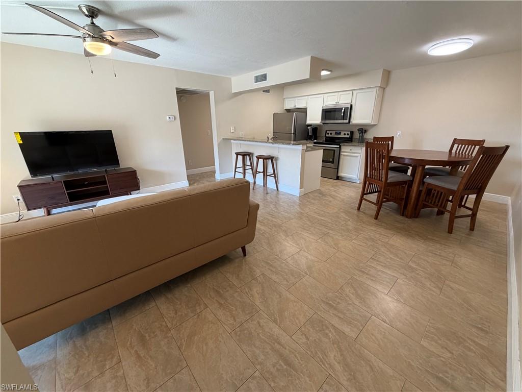 Welcome to the ANNUAL RENTAL - FURNISHED 1 BED / 1 BATH CONDO AT MYSTIC GARDEN, a gem nestled in the heart of Fort Myers, FL. This first-floor condo is fully furnished and boasts a modern design with stainless steel appliances, white cabinets, and granite counters. The unit features tile flooring throughout, adding a touch of elegance and ease of maintenance. The condo includes a renovated bathroom, enhancing your living experience with its contemporary style. The screened and covered lanai offers a perfect spot for relaxation, complete with a storage closet for your convenience. As a resident, you'll have access to a community pool and tennis court, providing ample opportunities for recreation and leisure. The unit also includes an in-unit laundry, adding to the convenience of your daily routine. $50.00 monthly charge for water and sewer in addition to rent. Experience the perfect blend of comfort and style at Mystic Garden.