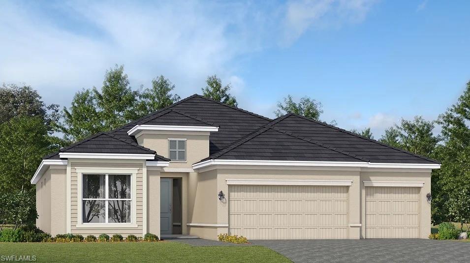 One or more photo(s) has been virtually staged, AI generated or rendered.  Valencia Golf & Country Club is a gated community of new single-family homes for sale, tucked away in a quiet corridor of one of Southwest Florida’s fastest growing areas. This spacious single-story home features a formal dining room with elegant arched doorways, followed by an open layout among the Great Room, kitchen and breakfast nook to simplify everyday living. Nearby, a covered lanai expands the home for activities in the fresh air. In addition to the lavish owner’s suite with direct access to the lanai for outdoor moments, there are three secondary bedrooms and a three-bay garage for versatile needs. Prices, dimensions and features may vary and are subject to change. Photos are for illustrative purposes only. Estimated delivery date is Nov/Dec 2026.
