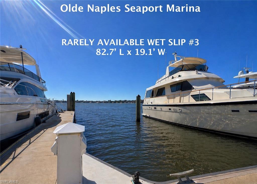 Rarely available and truly exceptional in scale, exposure, and setting, this 82.7’ x 19.1’ south-facing slip at Olde Naples Seaport represents a standout opportunity for owners seeking premier dockage for a substantial yacht in the heart of Olde Naples. With an oversized footprint that is increasingly difficult to find and a highly desirable southern orientation, the slip captures sweeping, open views across Naples Bay and delivers a bright, expansive waterfront setting that feels far more special than ordinary marina dockage. Liveaboard friendly and ideally suited for those who value both function and lifestyle, this offering provides the flexibility to accommodate a larger vessel while enjoying one of Naples’ most scenic and sought-after boating environments. Whether you are searching for a seasonal home port or a long-term waterfront base, this is a rare chance to secure an impressive slip with commanding bay views, direct boating access, and close walking proximity to Tin City, Crayton Cove and 5th Avenue South Shops and Restaurants.